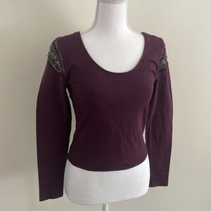 Sparkle & Fade Deep Purple Plum Beaded Stretchy Top. Small